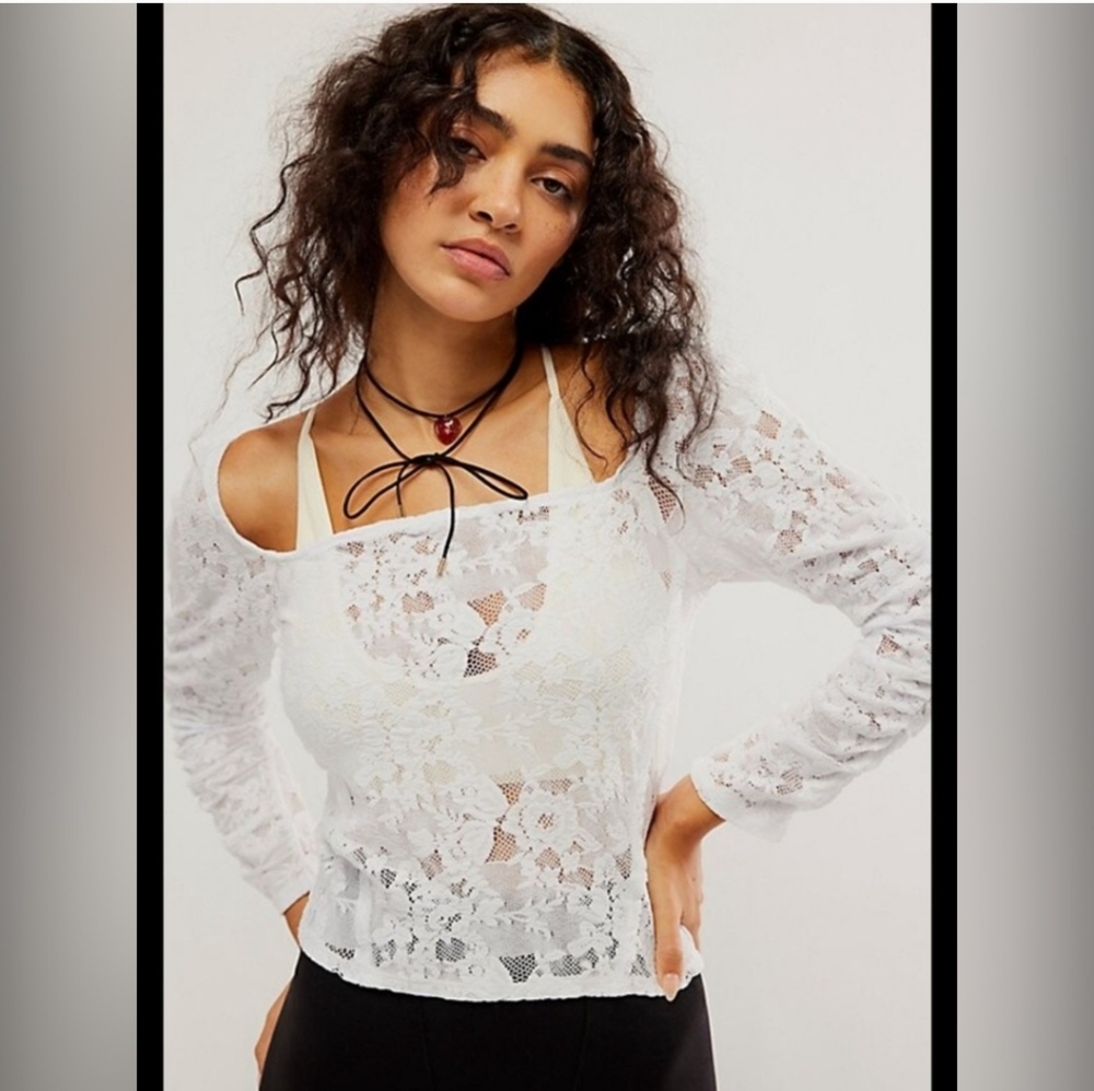 NWOT Free People Rotation Layering Ruched White Lace Sheer Top Size L